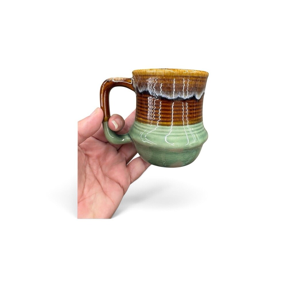 Brown & Green Ceramic Pottery Mug with Handle, Glossy Drip Glaze, 2-Piece